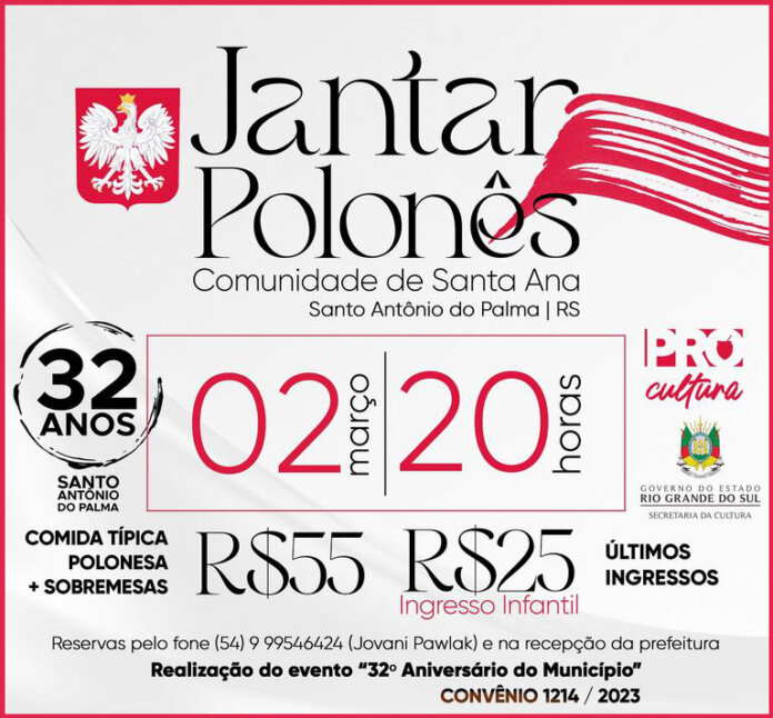 Jantar Polonês abre as comemorações dos 32 anos de Santo Antônio do Palma