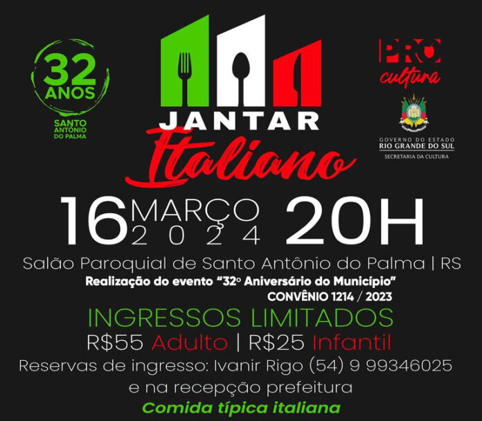 Santo Antônio do Palma promove Jantar Italiano neste sábado