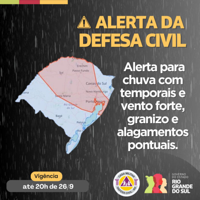 Defesa Civil alerta para chuva com temporais e vento forte, granizo e alagamentos pontuais