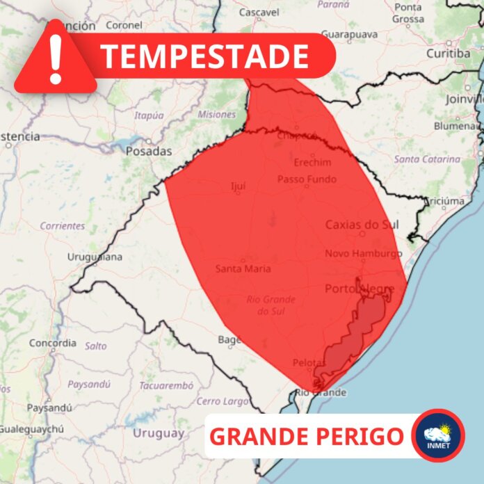 Inmet publica alerta vermelho de tempestade para o RS