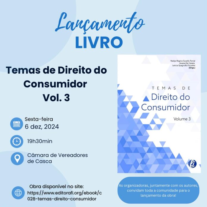 Livro “Temas de Direito do Consumidor” será lançado hoje na Câmara de Vereadores de Casca