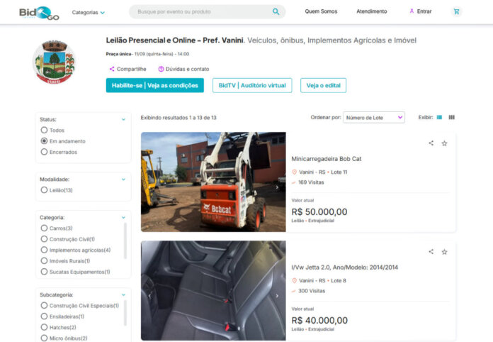 Prefeitura de Vanini realizará leilão de bens inservíveis em setembro