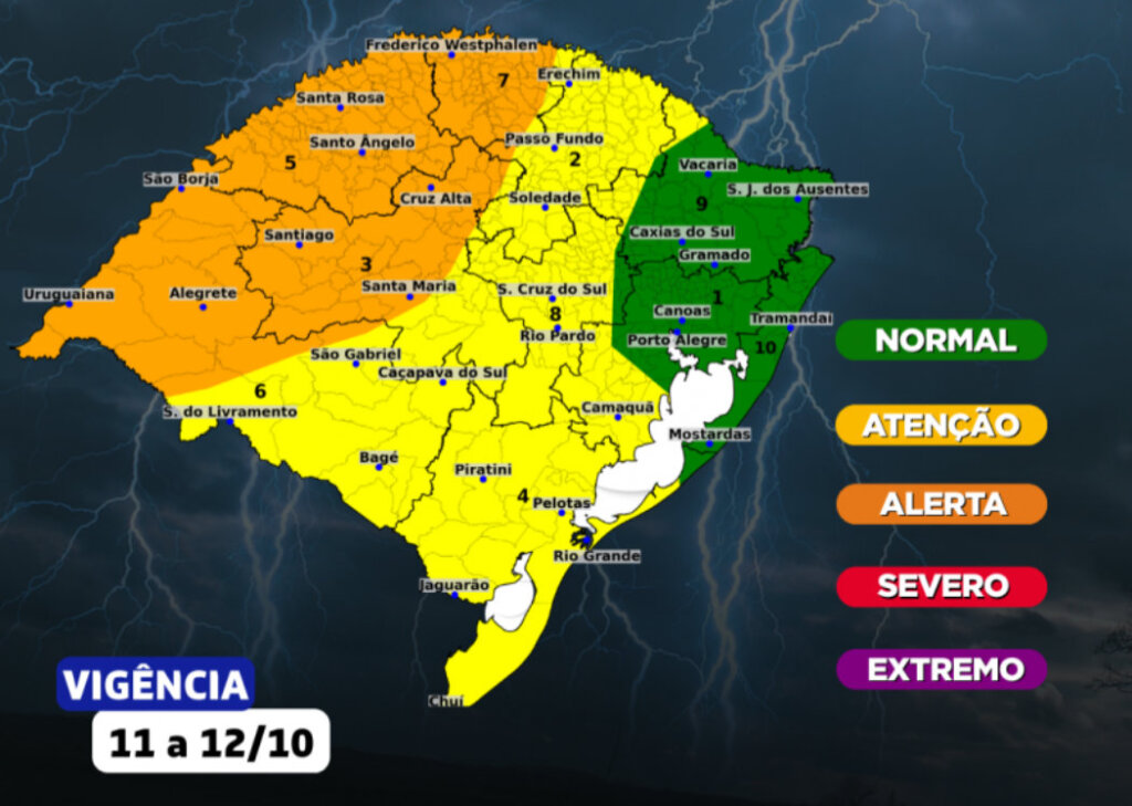 Final de semana no Rio Grande do Sul terá avanço de frente fria com tempestades, rajadas de vento, granizo e raios