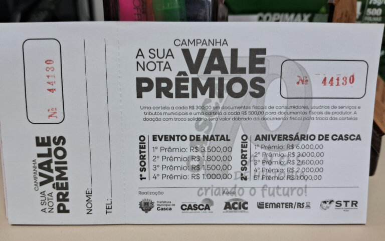 Sorteio da campanha A Sua Nota Vale Prêmios ocorre neste sábado em Casca