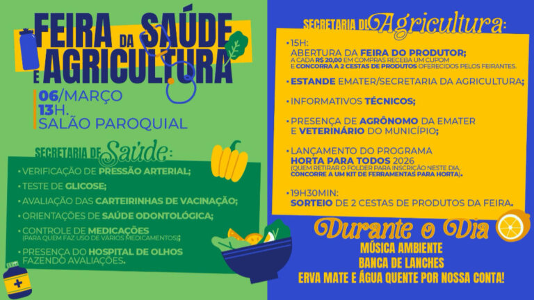 Feira da Saúde e Agricultura terá atendimentos, orientações técnicas e sorteios em Santo Antônio do Palma
