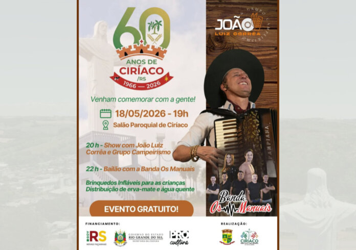 Ciríaco celebrará 60 anos com programação especial e shows gratuitos