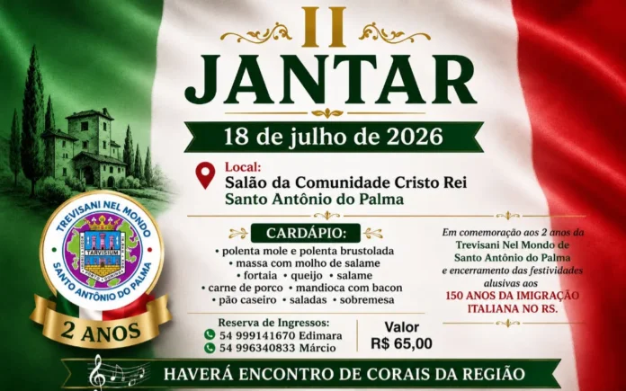 Trevisani Nel Mondo de Santo Antônio do Palma promove jantar neste sábado