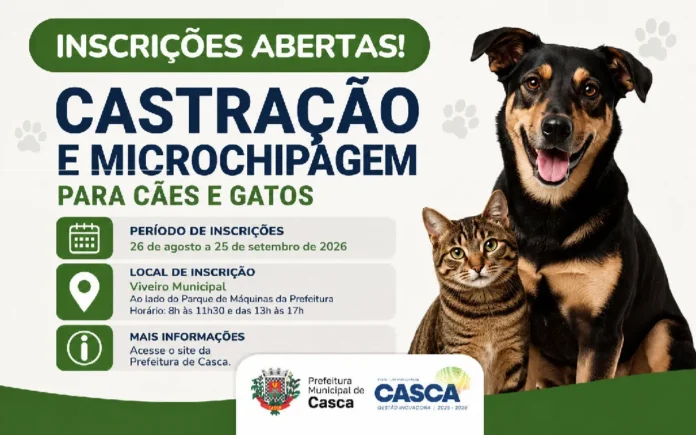 Inscrições para castração e microchipagem de cães e gatos abrem nesta quarta-feira em Casca