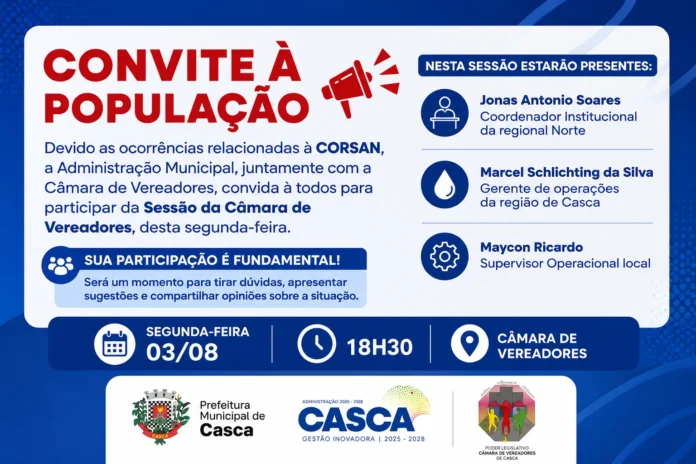 Abastecimento de água será tema de sessão aberta à comunidade em Casca